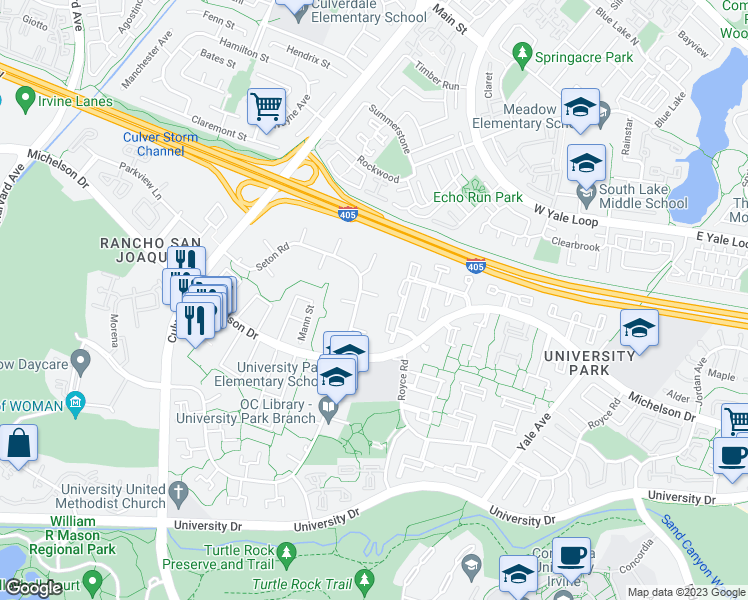 map of restaurants, bars, coffee shops, grocery stores, and more near 10 Satinwood Way in Irvine