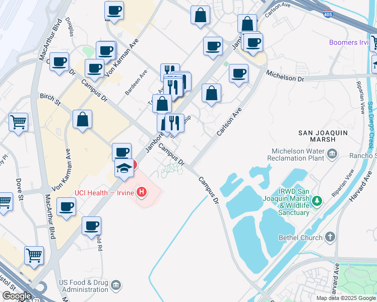 map of restaurants, bars, coffee shops, grocery stores, and more near 2414 Watermarke Place in Irvine