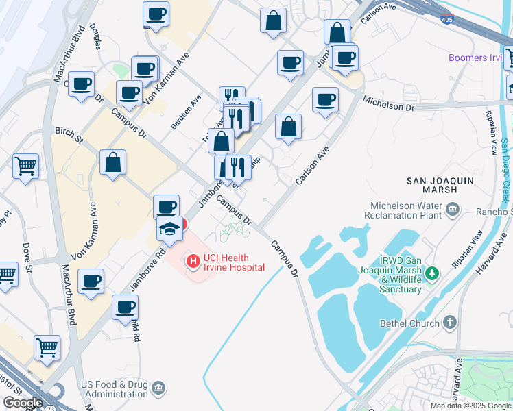 map of restaurants, bars, coffee shops, grocery stores, and more near 2123 Watermarke Place in Irvine