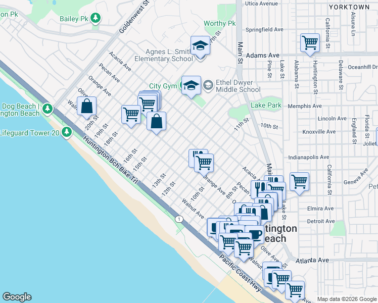 map of restaurants, bars, coffee shops, grocery stores, and more near 414 13th Street in Huntington Beach