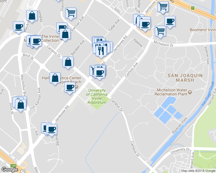 map of restaurants, bars, coffee shops, grocery stores, and more near 2257 Watermarke Place in Irvine