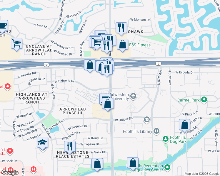 map of restaurants, bars, coffee shops, grocery stores, and more near in Glendale
