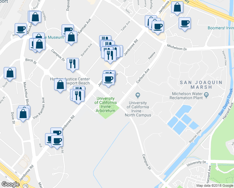 map of restaurants, bars, coffee shops, grocery stores, and more near 2411 Watermarke Place in Irvine