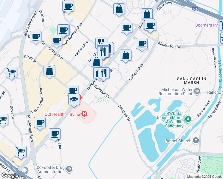 map of restaurants, bars, coffee shops, grocery stores, and more near 2411 Watermarke Place in Irvine
