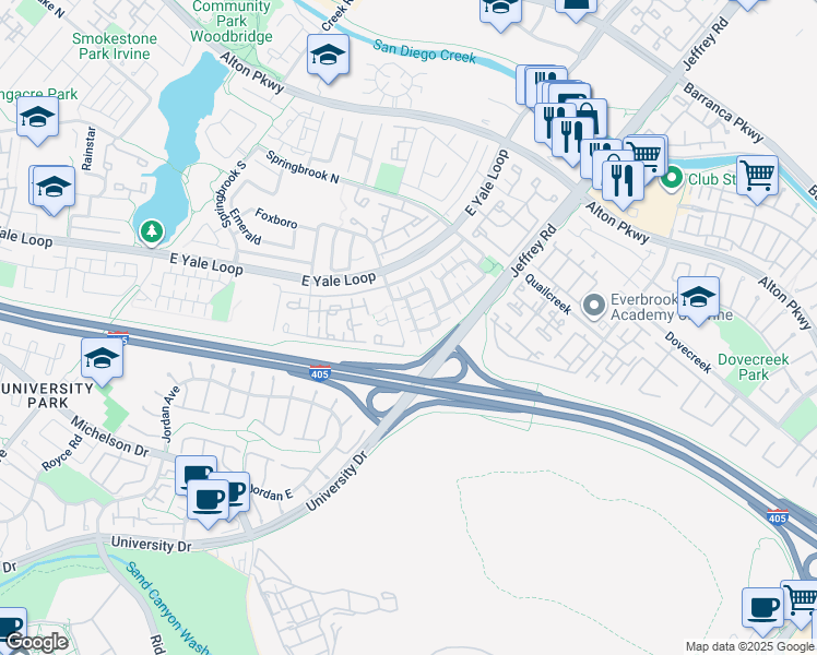 map of restaurants, bars, coffee shops, grocery stores, and more near 20 Springflower in Irvine