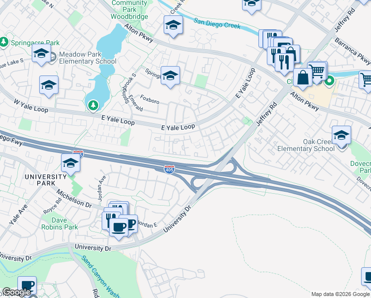 map of restaurants, bars, coffee shops, grocery stores, and more near in Irvine