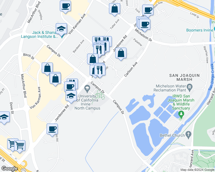 map of restaurants, bars, coffee shops, grocery stores, and more near 2405 Watermarke Place in Irvine
