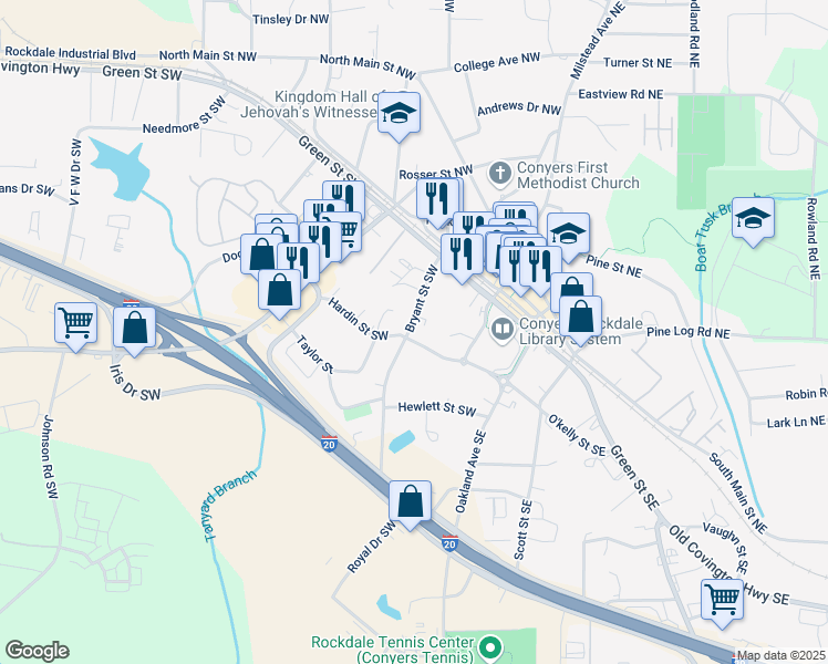 map of restaurants, bars, coffee shops, grocery stores, and more near 954 Bryant Street Southwest in Conyers