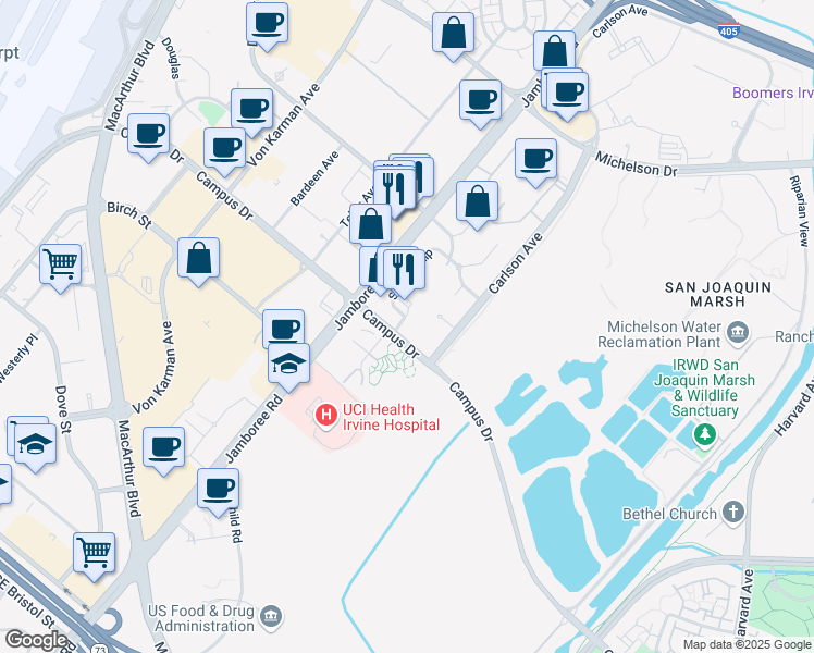 map of restaurants, bars, coffee shops, grocery stores, and more near 2424 Watermarke Place in Irvine