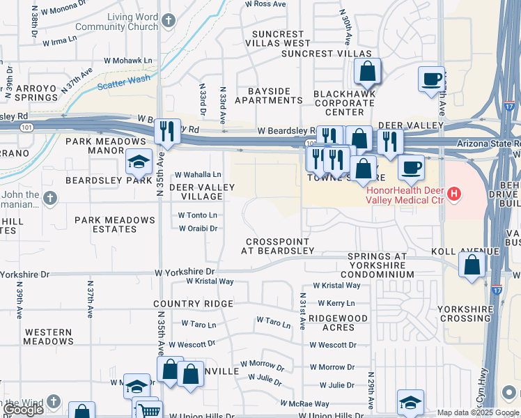 map of restaurants, bars, coffee shops, grocery stores, and more near 3151 West Behrend Drive in Phoenix