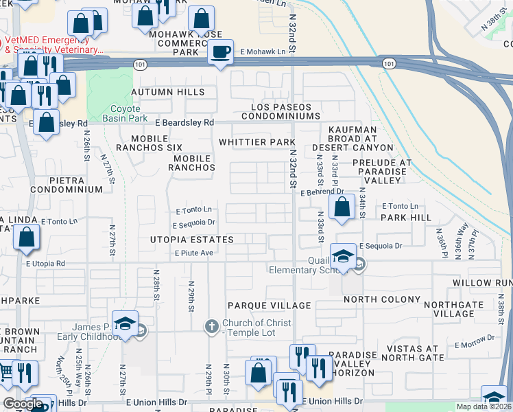 map of restaurants, bars, coffee shops, grocery stores, and more near 19802 North 32nd Street in Phoenix