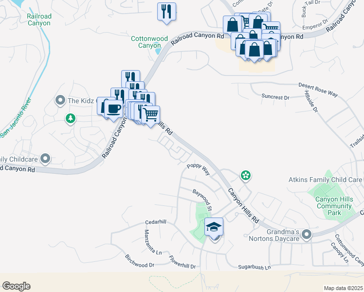 map of restaurants, bars, coffee shops, grocery stores, and more near Canyon Hills Road in Lake Elsinore