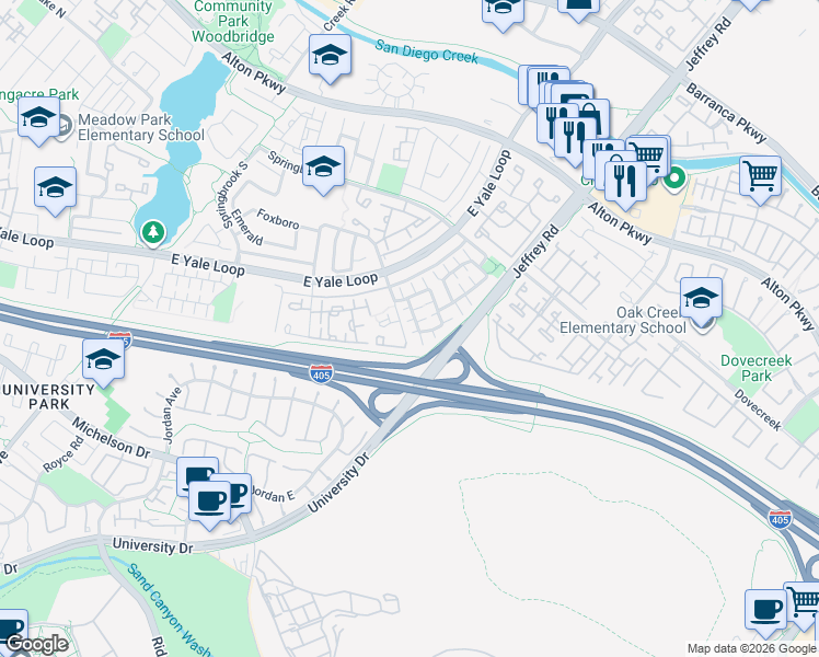 map of restaurants, bars, coffee shops, grocery stores, and more near 3 Springflower in Irvine