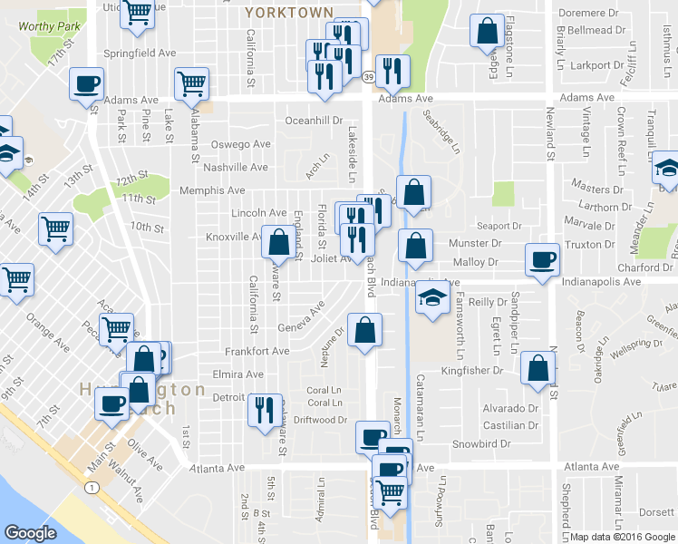 map of restaurants, bars, coffee shops, grocery stores, and more near 1009 Georgia Street in Huntington Beach