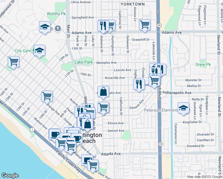 map of restaurants, bars, coffee shops, grocery stores, and more near 213 Joliet Avenue in Huntington Beach