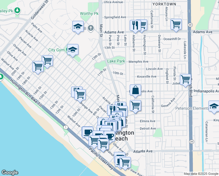 map of restaurants, bars, coffee shops, grocery stores, and more near 315 Crest Avenue in Huntington Beach