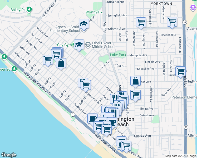 map of restaurants, bars, coffee shops, grocery stores, and more near 1005 Palm Avenue in Huntington Beach