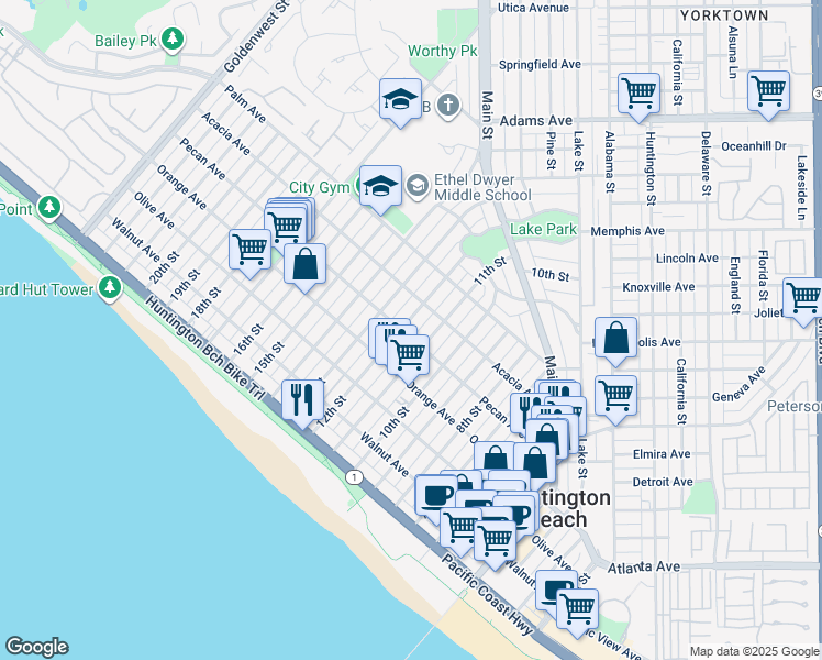 map of restaurants, bars, coffee shops, grocery stores, and more near 516 13th Street in Huntington Beach