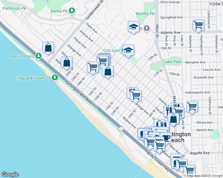 map of restaurants, bars, coffee shops, grocery stores, and more near 1414 Orange Avenue in Huntington Beach