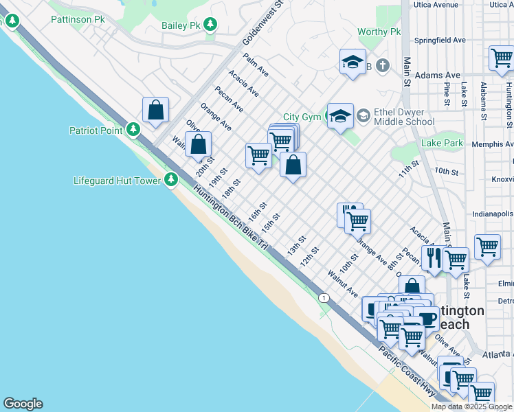map of restaurants, bars, coffee shops, grocery stores, and more near 218 17th Street in Huntington Beach