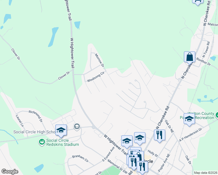 map of restaurants, bars, coffee shops, grocery stores, and more near 556 Walton Drive in Social Circle