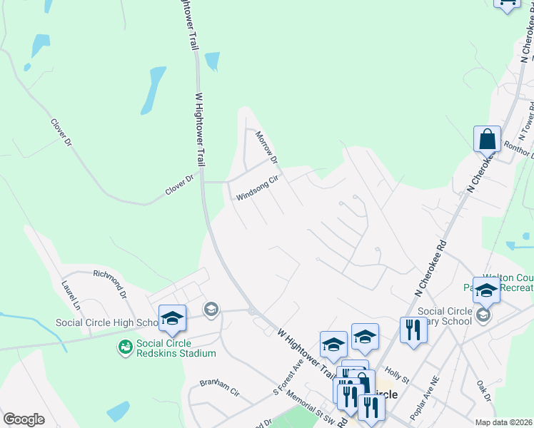 map of restaurants, bars, coffee shops, grocery stores, and more near 521 Walton Drive in Social Circle