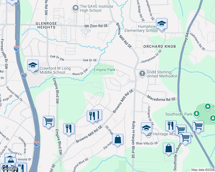 map of restaurants, bars, coffee shops, grocery stores, and more near 460 Tufton Tr in Atlanta