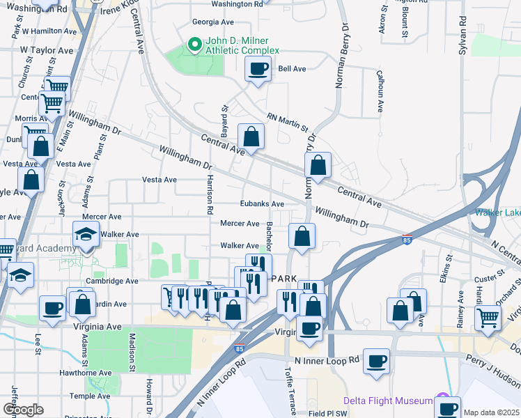 map of restaurants, bars, coffee shops, grocery stores, and more near 1292 Eubanks Avenue in East Point
