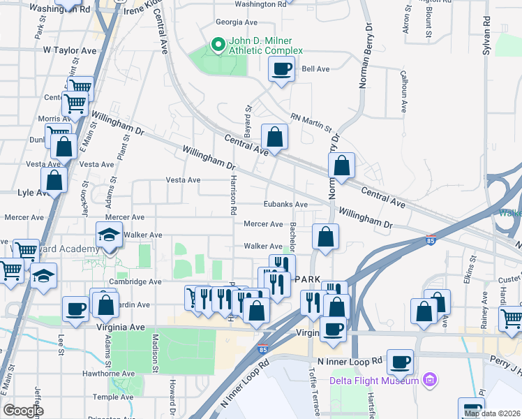 map of restaurants, bars, coffee shops, grocery stores, and more near 1315 Eubanks Avenue in East Point