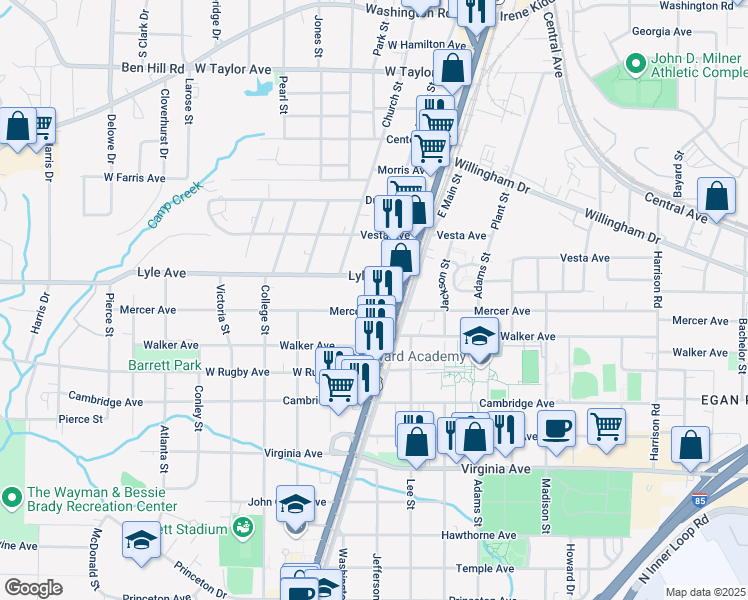 map of restaurants, bars, coffee shops, grocery stores, and more near 1763 Mercer Avenue in Atlanta