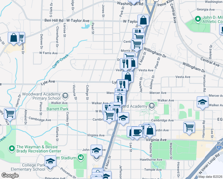 map of restaurants, bars, coffee shops, grocery stores, and more near 1803 Mercer Avenue in Atlanta