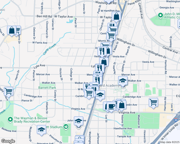map of restaurants, bars, coffee shops, grocery stores, and more near 1820 Lyle Avenue in College Park