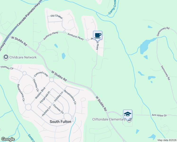 map of restaurants, bars, coffee shops, grocery stores, and more near 3457 Amhurst Parkway in Atlanta