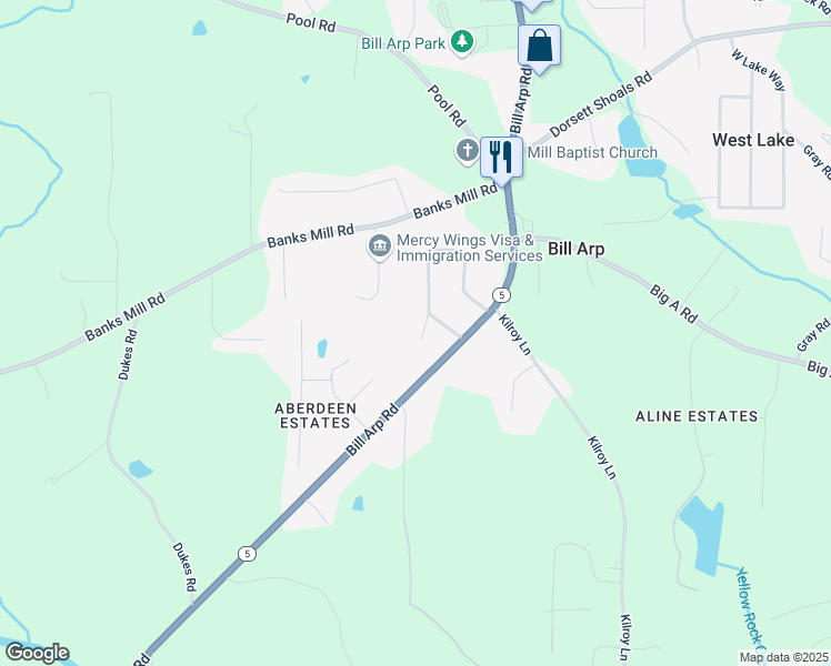 map of restaurants, bars, coffee shops, grocery stores, and more near 5155 Oakdale Court in Douglasville