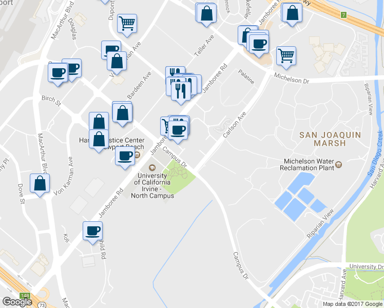 map of restaurants, bars, coffee shops, grocery stores, and more near 2202 Watermarke Place in Irvine