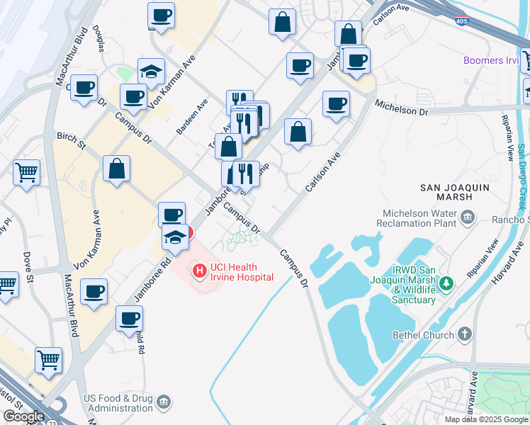 map of restaurants, bars, coffee shops, grocery stores, and more near 2255 Watermarke Place in Irvine