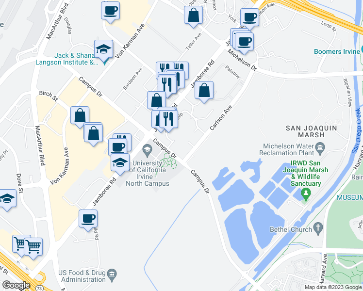 map of restaurants, bars, coffee shops, grocery stores, and more near 2268 Watermarke Place in Irvine