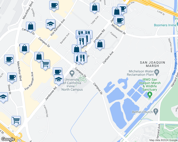 map of restaurants, bars, coffee shops, grocery stores, and more near 6280 Scholarship in Irvine
