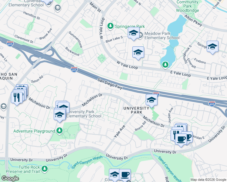 map of restaurants, bars, coffee shops, grocery stores, and more near 6 Banyan Tree Lane in Irvine