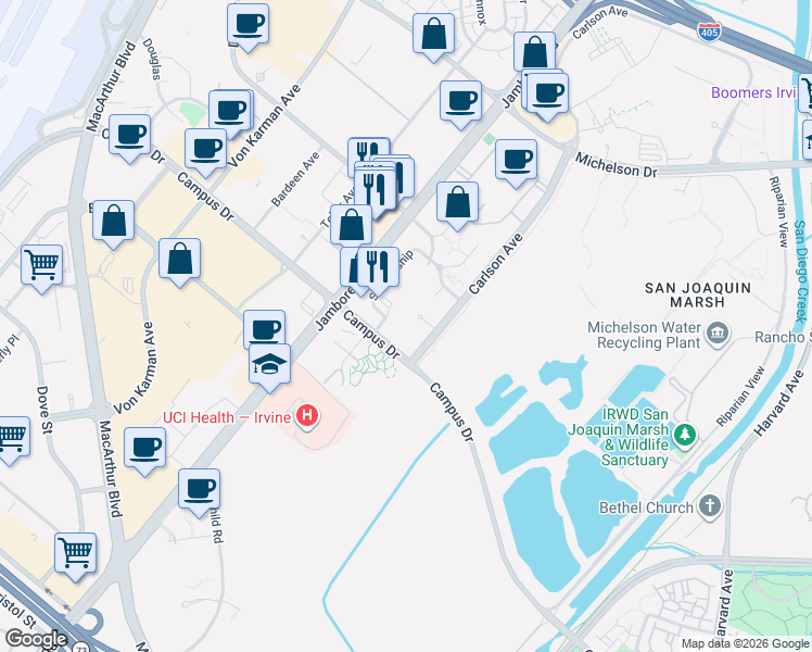 map of restaurants, bars, coffee shops, grocery stores, and more near 2125 Watermarke Place in Irvine