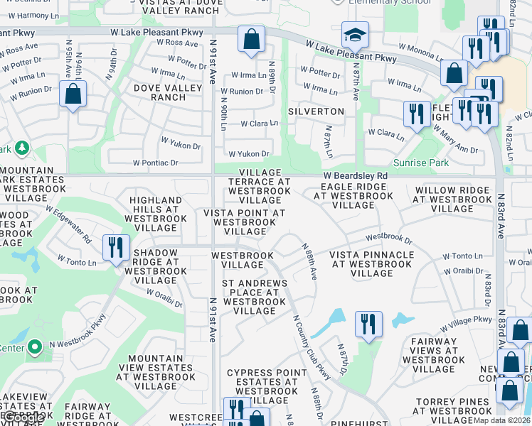 map of restaurants, bars, coffee shops, grocery stores, and more near 9018 West Escuda Drive in Peoria