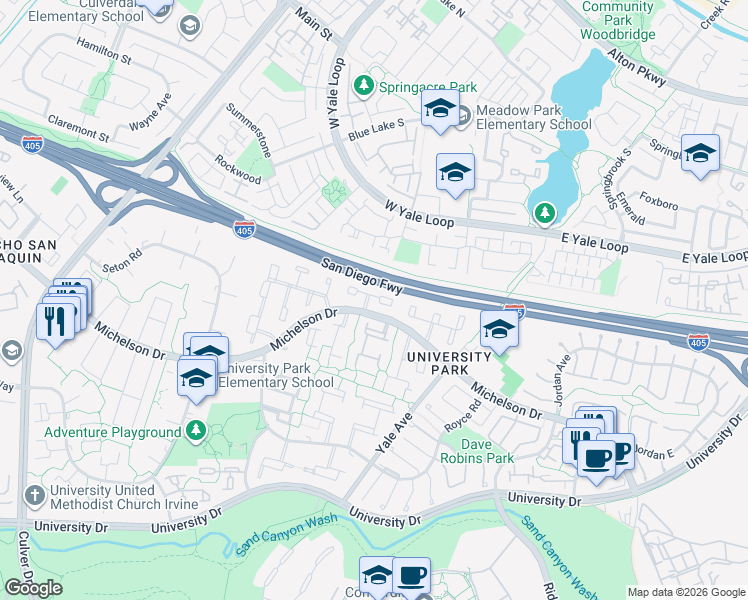 map of restaurants, bars, coffee shops, grocery stores, and more near 5 Banyan Tree Lane in Irvine