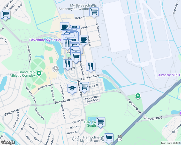 map of restaurants, bars, coffee shops, grocery stores, and more near 927 Shine Avenue in Myrtle Beach