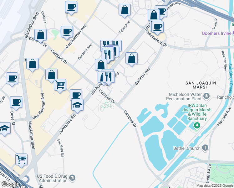 map of restaurants, bars, coffee shops, grocery stores, and more near 2424 Watermarke Place in Irvine