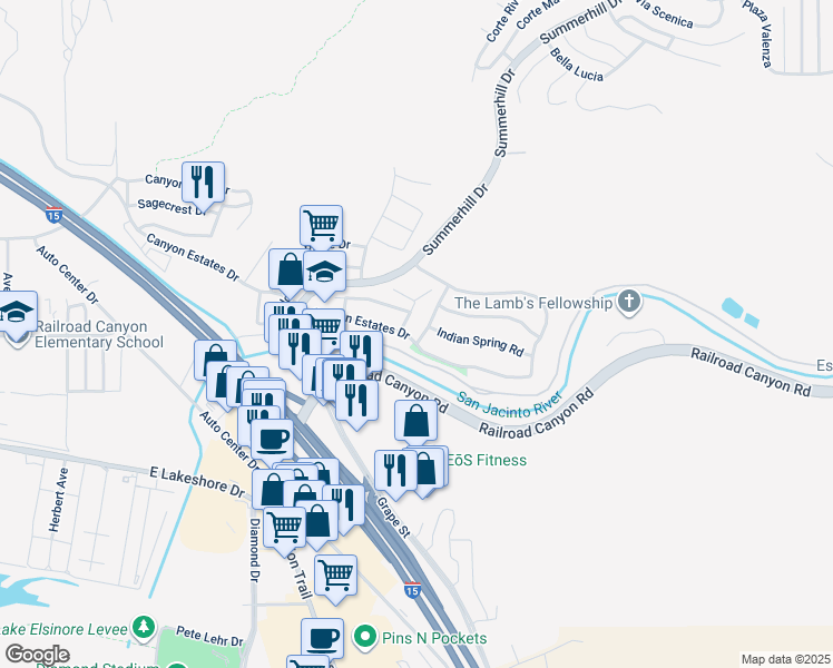 map of restaurants, bars, coffee shops, grocery stores, and more near 21001 High Crest Drive in Lake Elsinore