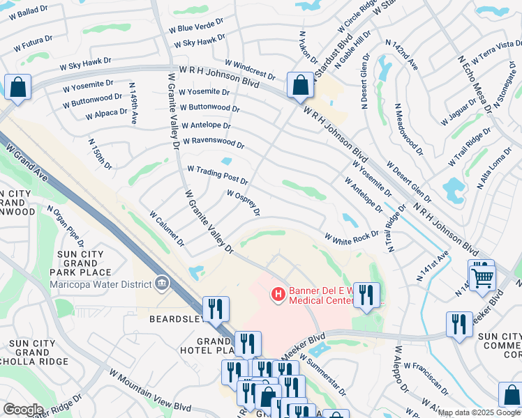map of restaurants, bars, coffee shops, grocery stores, and more near 14523 West Trading Post Drive in Sun City West
