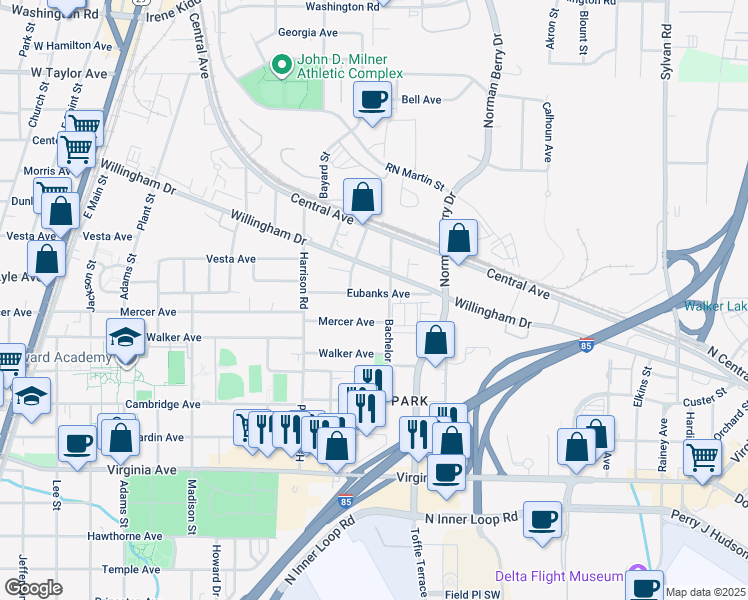 map of restaurants, bars, coffee shops, grocery stores, and more near 1292 Eubanks Avenue in East Point