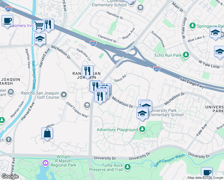 map of restaurants, bars, coffee shops, grocery stores, and more near 12 Hopkins Street in Irvine