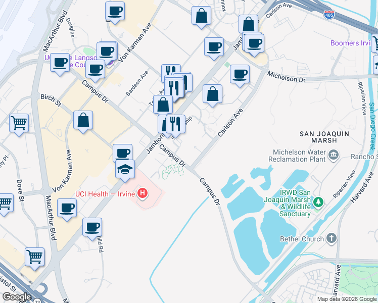 map of restaurants, bars, coffee shops, grocery stores, and more near 2337 Watermarke Place in Irvine