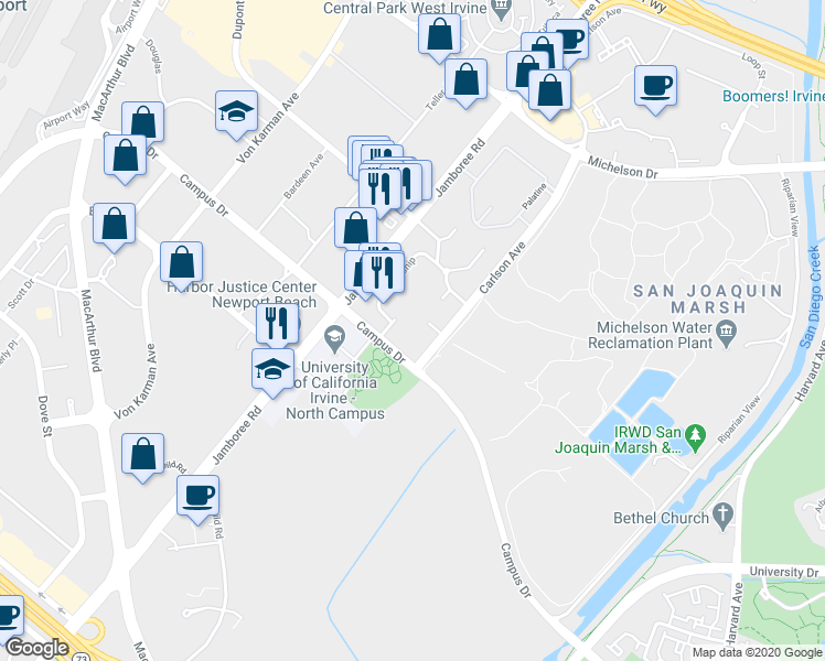 map of restaurants, bars, coffee shops, grocery stores, and more near 2112 WATERMARKE Place in Irvine
